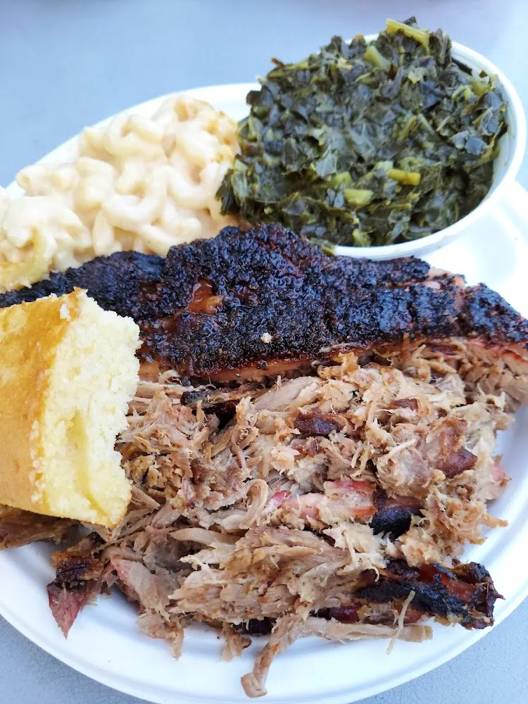 Pulled Pork Brisket Collard Greens Mac and Cheese